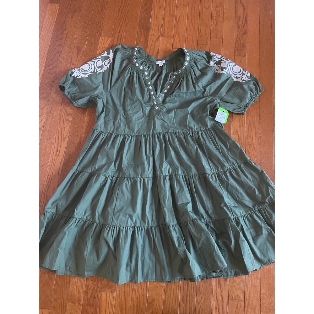 Crown & Ivy Olive Mini Dress with White Embroidery